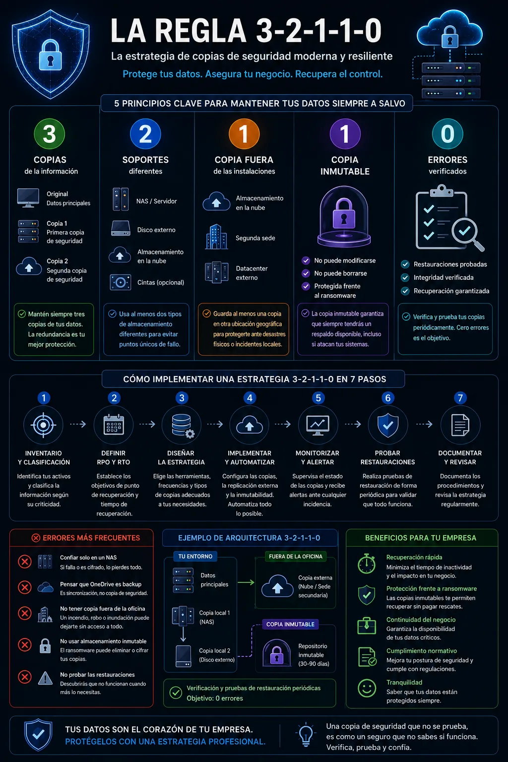Infografía de la regla 3-2-1-1-0: los cinco principios, los siete pasos de implantación, los errores más frecuentes y los beneficios para la empresa