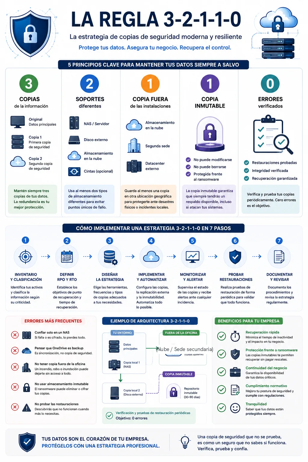 Infografía de la regla 3-2-1-1-0: los cinco principios, los siete pasos de implantación, los errores más frecuentes y los beneficios para la empresa